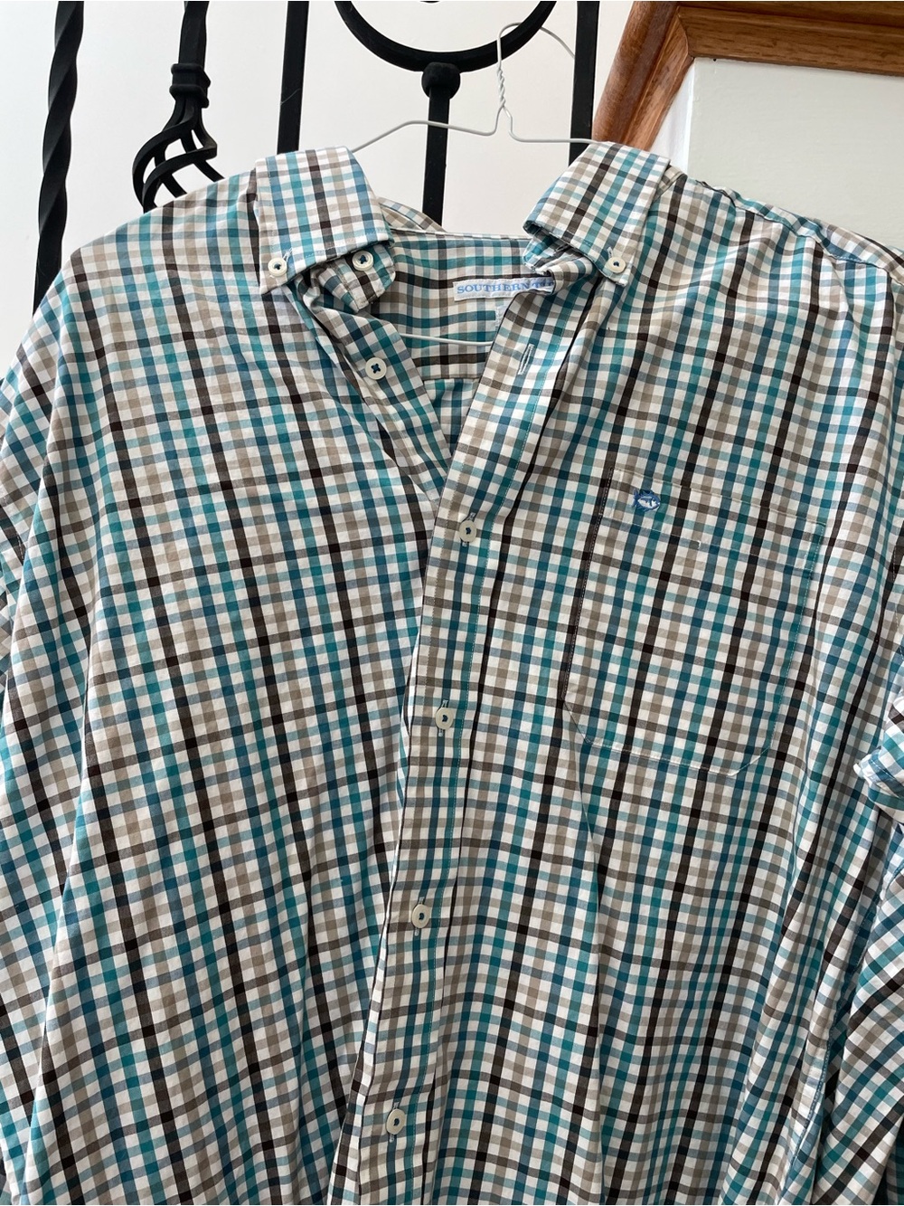 Southern Tide Teal and Brown Plaid Button-Down Shirt